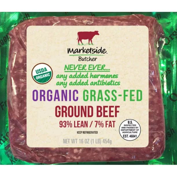 Marketside Butcher Organic Grass-Fed 93% Lean / 7% Fat Ground Beef, 1 lb - Walmart.com | Walmart (US)