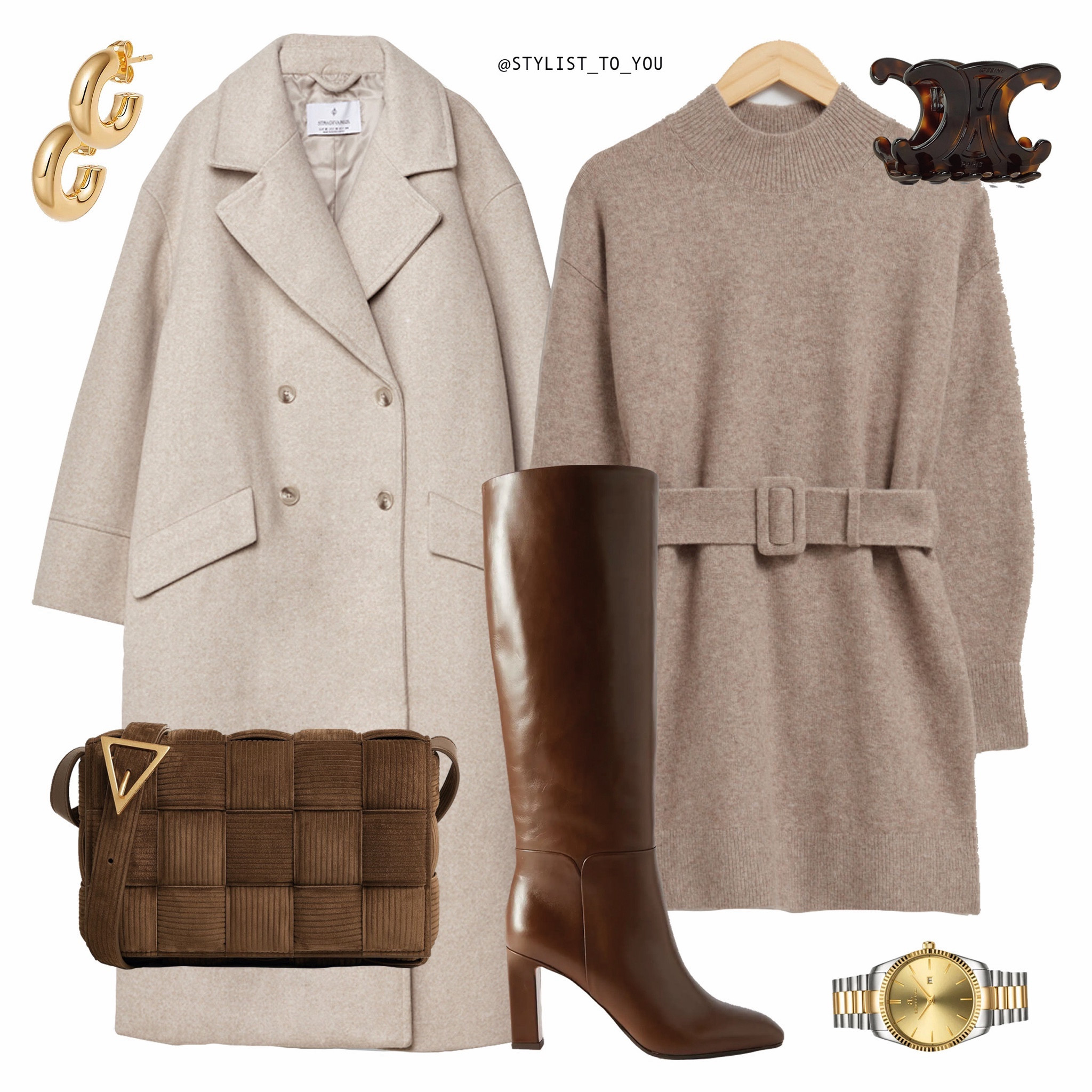 Neutral vibes, maximum slay! 🍂✨ This belted knitted dress is here to prove that neutrals can be far from basic. Effortless elegance meets cozy chic! 🌟 

Styling a beige wool coat, mocha belted knit mini Dress, brown knee high heel boots, brown suede bag, gold watch and earrings, Celine clip, sophisticated style, outfit, personal stylist, fashion, winter autumn trends, cosy, chic, Neutral Elegance, Chic Comfort, minimal, clean, luxury, quiet

#LTKeurope #LTKitbag #LTKCyberWeek