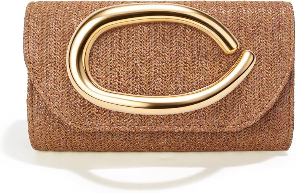 Straw Clutch Purses for Women,Summer Beach Bag,Woven Evening Handbags with Chain,Trendy Metal Han... | Amazon (US)