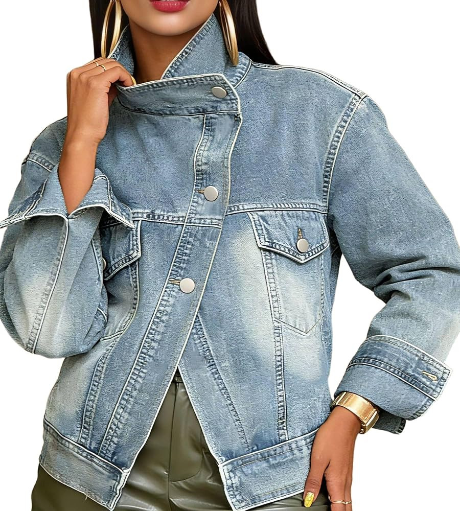 Women’s Casual Denim Jacket Oversized Long Sleeve Button Down Shacket Boyfriend Western Coat Po... | Amazon (US)