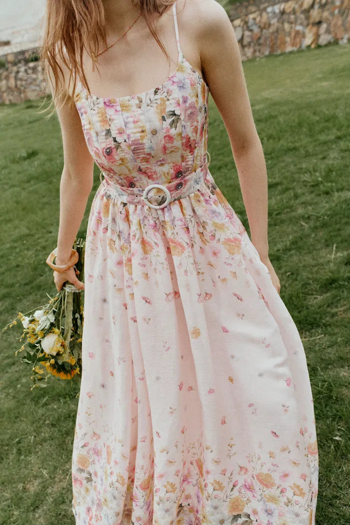 Lilac Handpainted Floral Smocked Belted Strap Dress in Silk Linen Orga | Fabrique