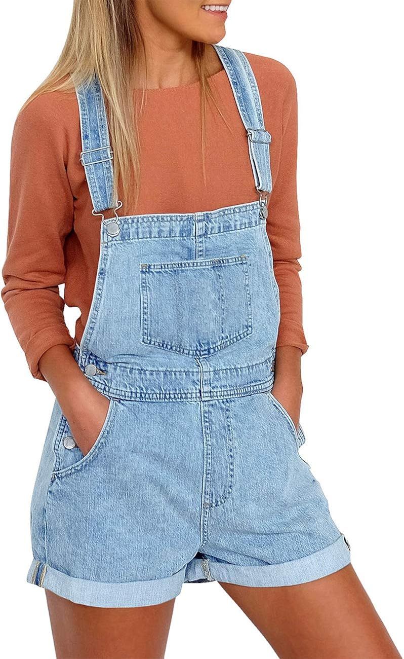 Vetinee Women's Classic Adjustable Straps Cuffed Hem Denim Bib Overalls Shorts | Amazon (US)