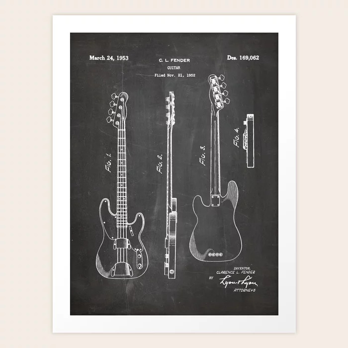 Bass Guitar Patent - Bass Guitarist Art - Black Chalkboard Art Print by Patent Press - X-LARGE | Society6