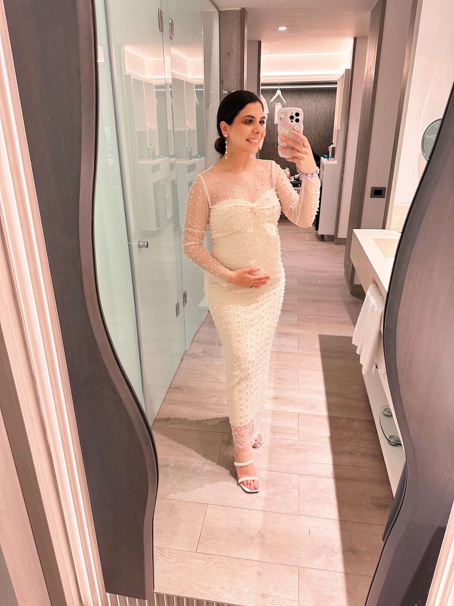 sheer pearl maternity dress Maternity Sheer Pearl Duster, Pregnancy Photos  Chic Bump Club