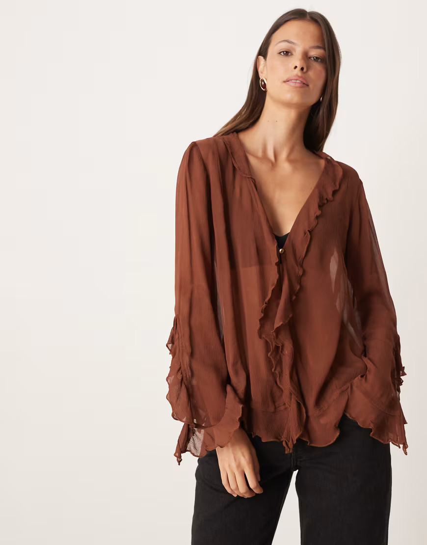 Free People bali tulula chiffon ruffle boho blouse in umber-Brown | ASOS (Global)