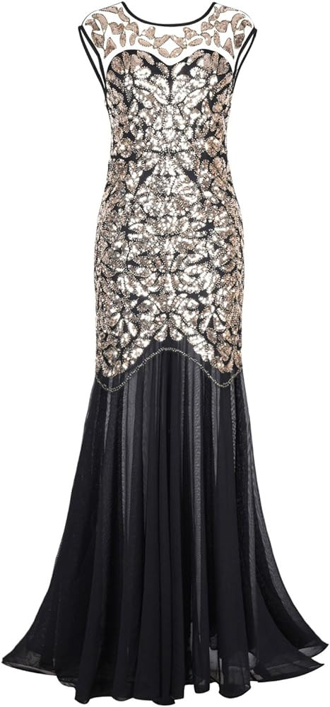 PrettyGuide Women 's 1920s Black Sequin Gatsby Maxi Long Evening Prom Dress | Amazon (US)