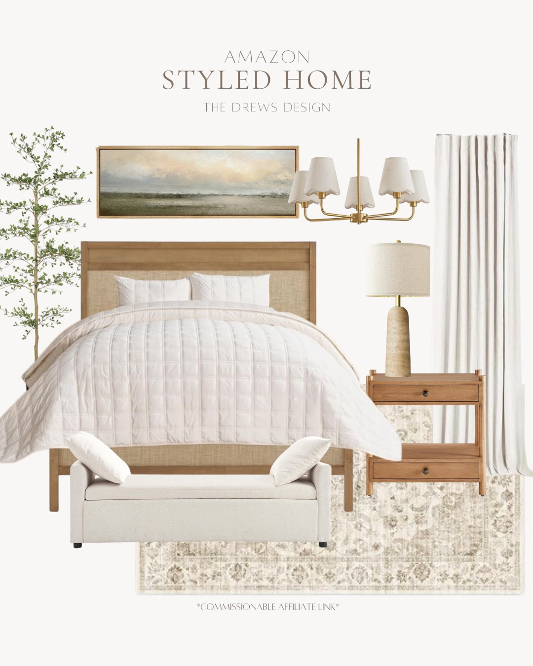 Styled bedroom includes curtains, side table, table lamp, chandelier, comforter, wall art, faux tree, area rug, bench, and bed frame.

Looks for less, styled home, styled bedroom, neutral bedroomms

#LTKSeasonal #LTKHome #LTKSaleAlert