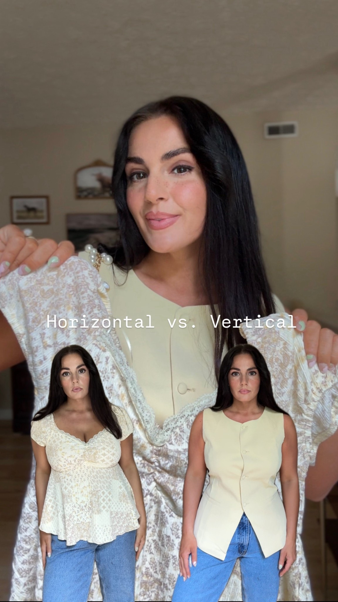 Here are some horizontal and vertical tops! 
M
Q: What is the goal of horizontal vs. vertical styling? 
A: You would want to draw the eye OUT from the upper body if you have a pear shape. Rectangles could use this if they were also adding volume to lower body for balance. 
You would want to draw the eye DOWN if you are trying to elongate your waist, or maintain balance on the upper body (this could be hourglass, inverted triangle, or apple) 

#LTKSaleAlert #LTKootd
