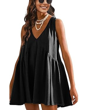 Qiaomai Womens Summer Casual Sleeveless Tank Dress V Neck Mini Dresses Beach Sundress | Amazon (US)