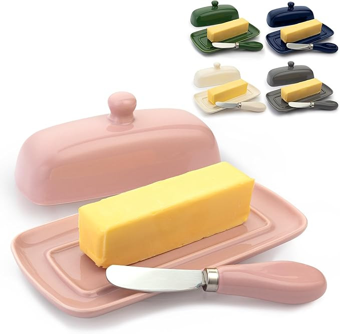 Zulay Butter Dish With Lid For Countertop - Porcelain Pink, Ceramic Butter Dish with Knob Handle ... | Amazon (US)