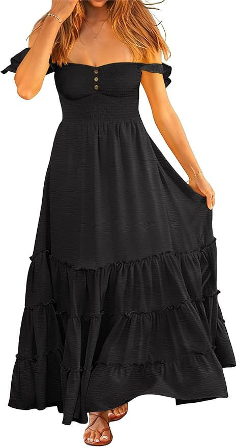 ANRABESS Womens Summer Casual Off The Shoulder Maxi Long Dress 2026 Smocked Ruffle Strap Backless... | Amazon (US)