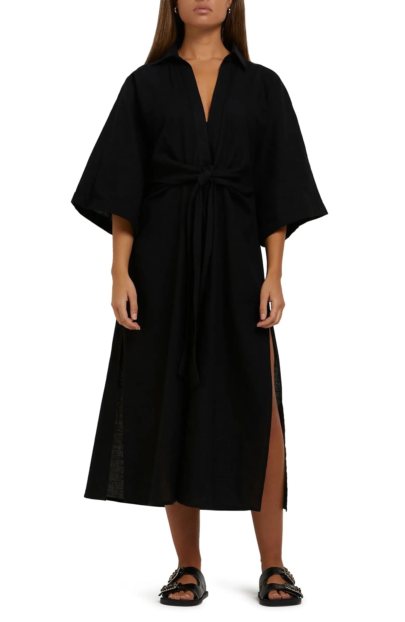 Wide Sleeve Tie Front Cotton Cover-Up Dress | Nordstrom