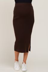 Brown Ribbed Knit Side Slit Maternity Midi Skirt | PinkBlush Maternity