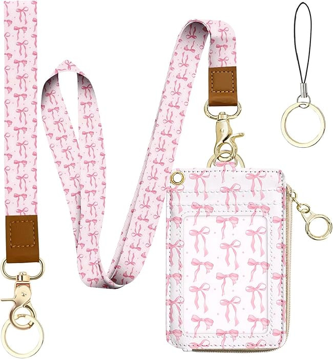 bolimoss Cute Pink Bow Lanyard Wallet, 2-in-1 ID Badge Holder & Leather Credit Card Holders, Wome... | Amazon (US)
