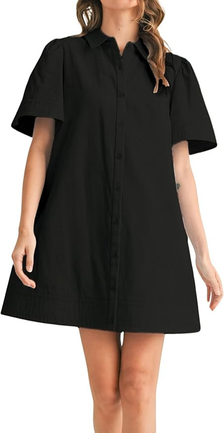 Womens Short Sleeve Button Down Mini Shirt Dress Lapel Collar Short Dresses with Pocket | Amazon (US)