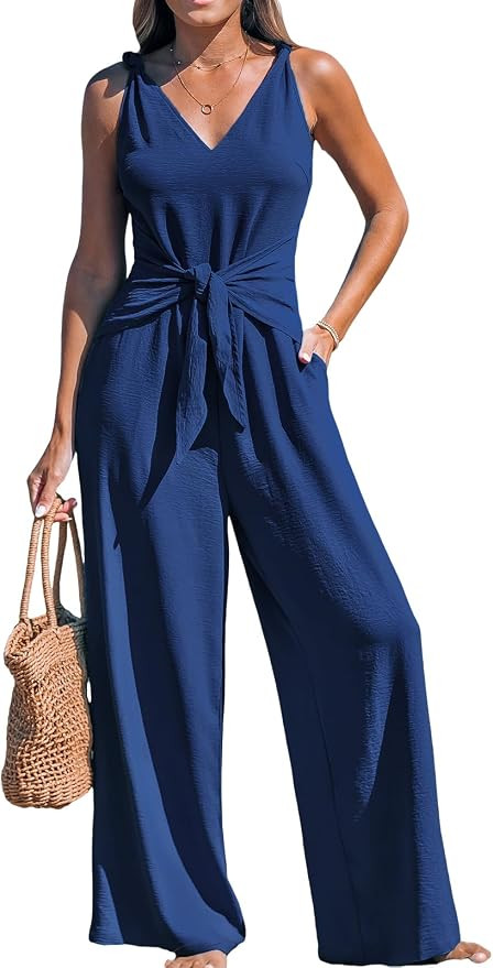 CUPSHE Women's Summer Jumpsuits Sleeveless Tie Knot Wide Leg Long Pants Romper with Pockets | Amazon (US)
