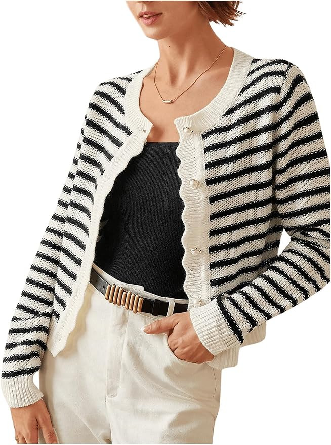 COZYEASE Women's Frenchy Striped Pattern Lightweight Cardigan Scallop Trim Button Fall Open Front... | Amazon (US)