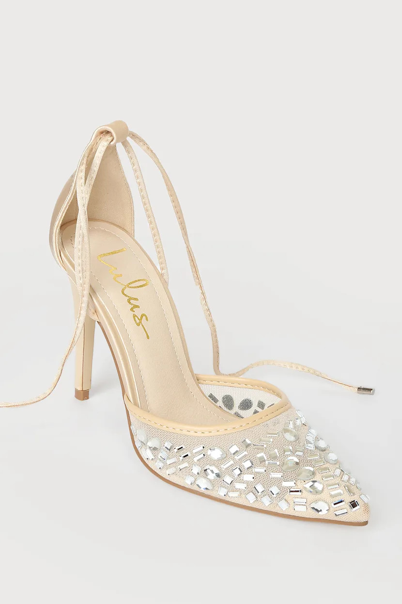 Lykana Champagne Satin Rhinestone Lace-Up Pointed-Toe Pumps | Lulus (US)