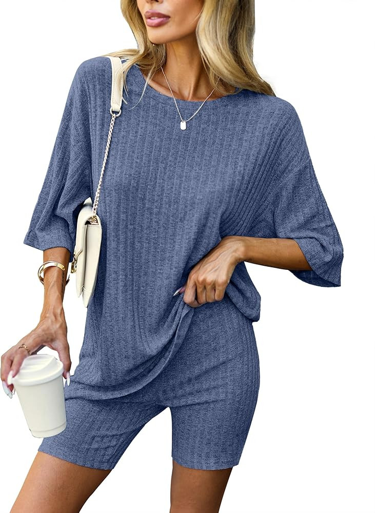 Ekouaer Pajamas 2 Piece Lounge Sets Ribbed Knit Matching Outfits T-shirt Biker Shorts Sleepwear L... | Amazon (US)