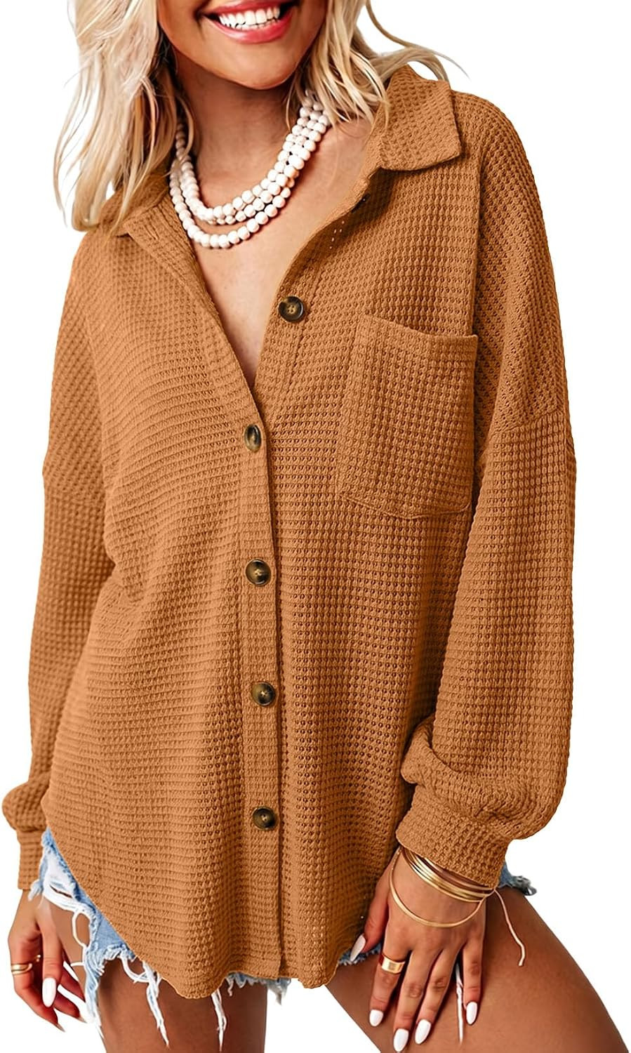 Dokotoo Womens Waffle Knit Shacket Jacket Casual Button Down Shirts Tops | Amazon (US)