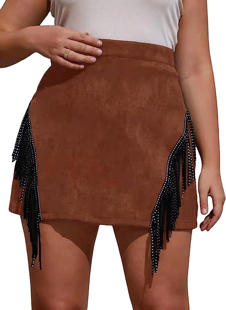 Floerns Women's Plus Size Rhinestone Fringe Suede Party A Line Mini Skirt | Amazon (US)