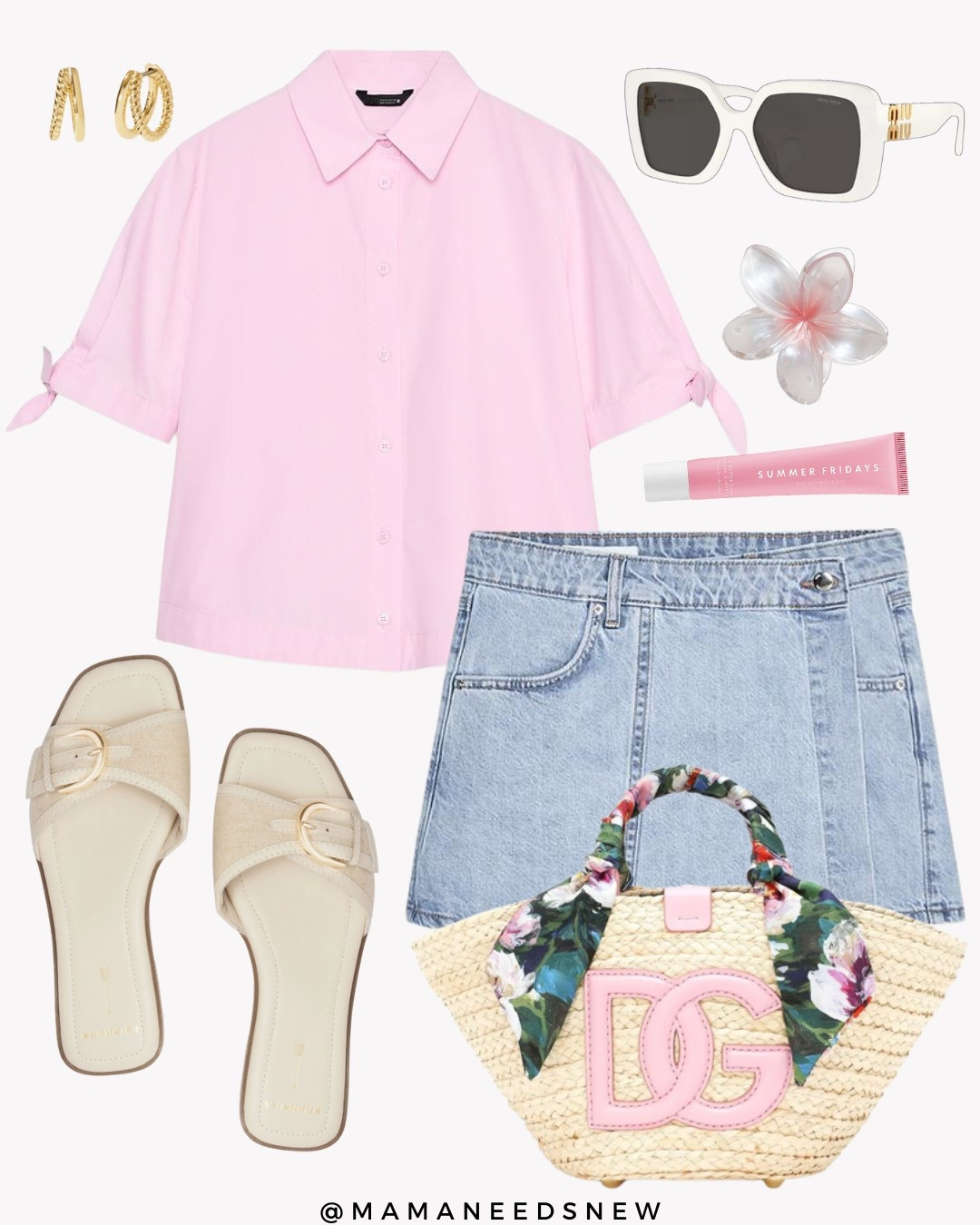 A spring / summer outfit with a light pink short sleeve shirt, denim skort, slide sandals, raffia bag 🌸

#LTKItBag #LTKSaleAlert #LTKStyleTip