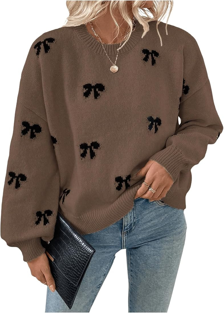 Women's Y2K Bow Print Sweater Crewneck Long Sleeve Drop Shoulder Knit Pullovers Sweaters | Amazon (US)
