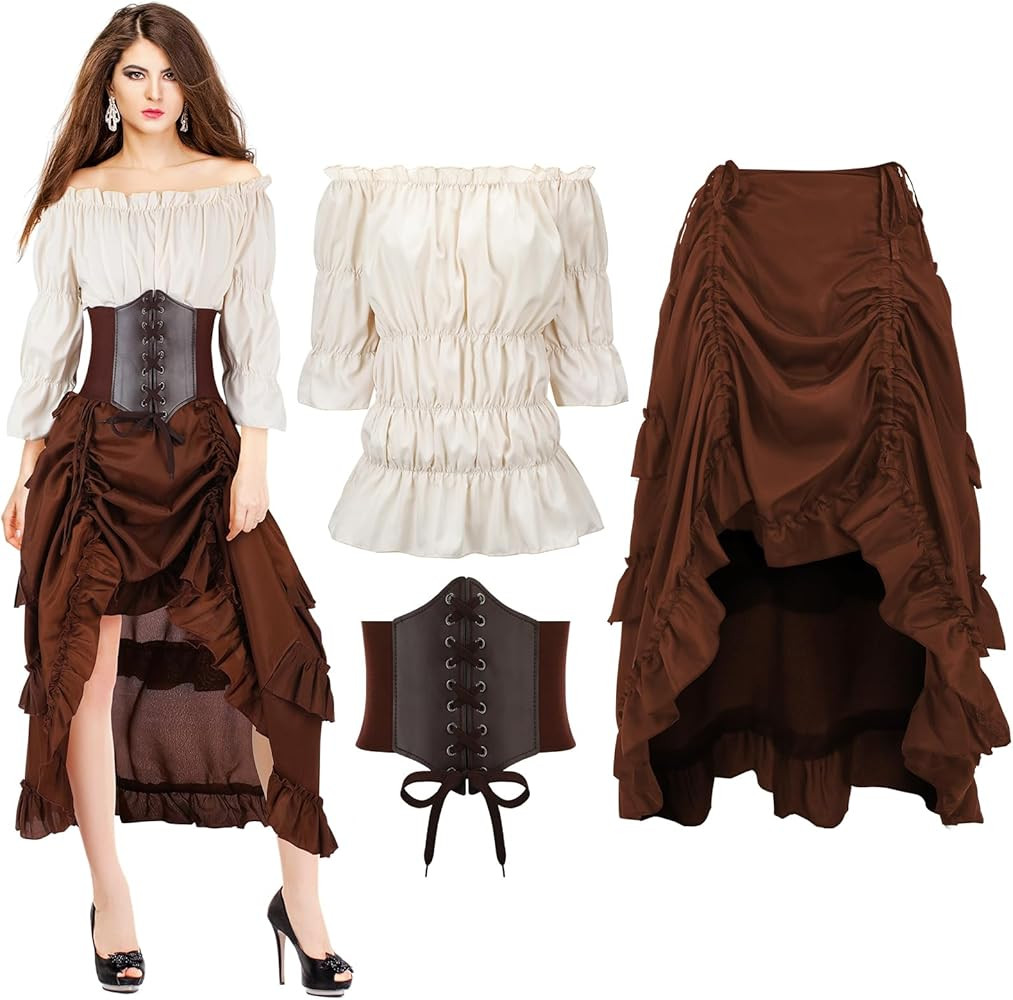 Suhine 3 Pcs Renaissance Pirate Costume Women Medieval Victorian Outfit High Low Skirt Blouse Top... | Amazon (US)