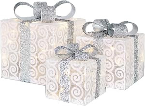 Queens of Christmas WL-3PK-GIFTS-WHSV 3 Piece Silver Lighted Gift Box Set | Amazon (US)