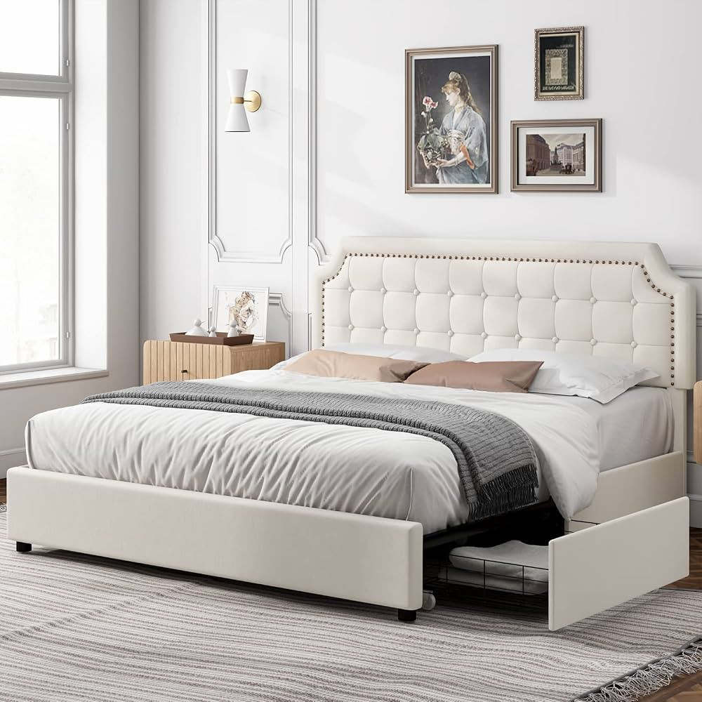Keyluv King Size Bed Frame with 4 Drawers, Velvet Upholstered Platform Storage Bed with Curved Bu... | Amazon (US)