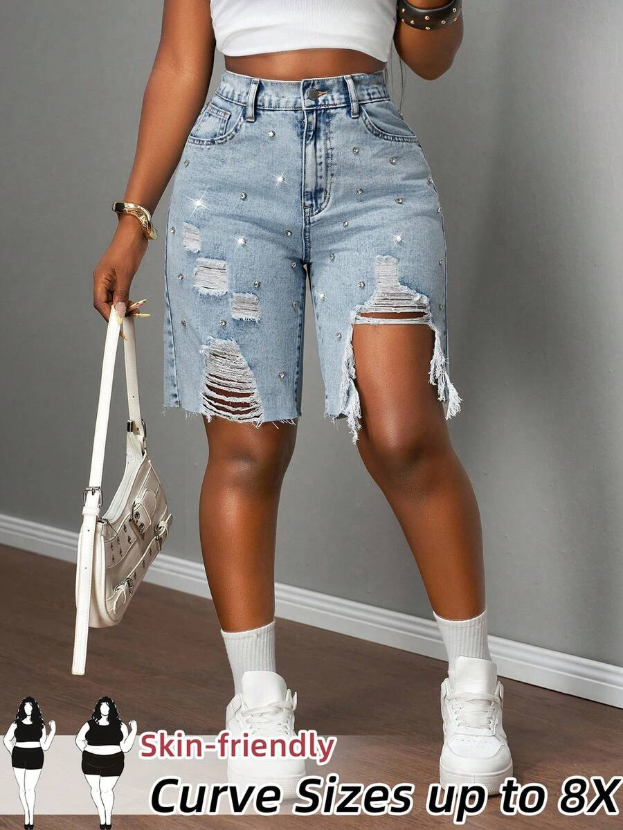 SHEIN CURVE+ Plus Size Rhinestone Distressed Denim Shorts Women's Light Blue,Summer,Casual,Everyd... | SHEIN