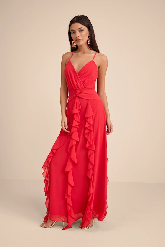 Astraea Red Surplice Ruffled Maxi Dress | Lulus