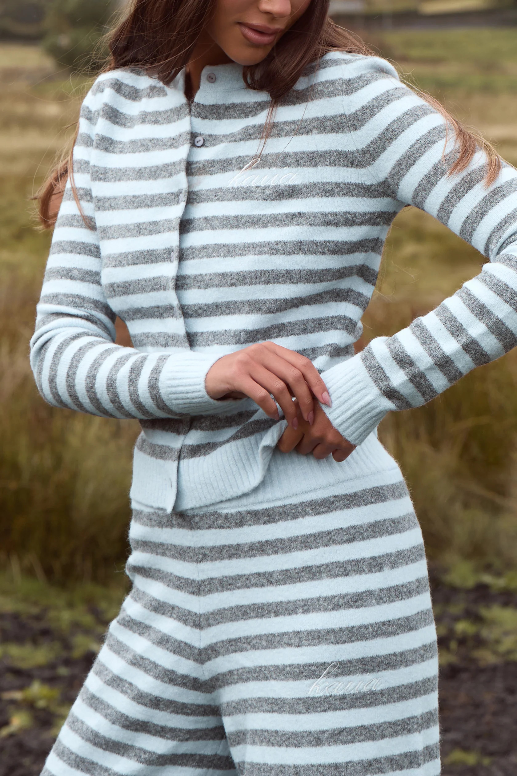 Kaiia Knit Striped Button Up Top Baby Blue & Grey | Kaiia the Label