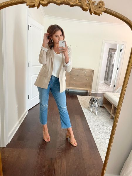Love the fit of these J Crew factory crop flare jeans! Linked my heels and a similar jacket. Outfit is Nora approved! 

#LTKunder100 #LTKstyletip #LTKSeasonal