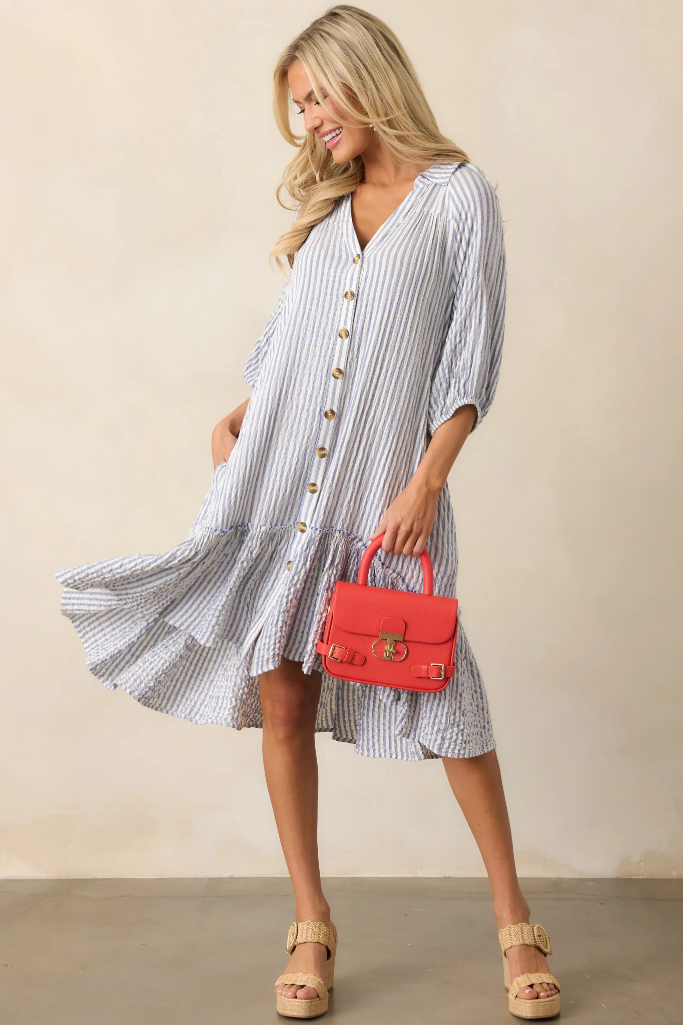 Into The Future Light Blue Stripe Button Front Mini Dress | Red Dress