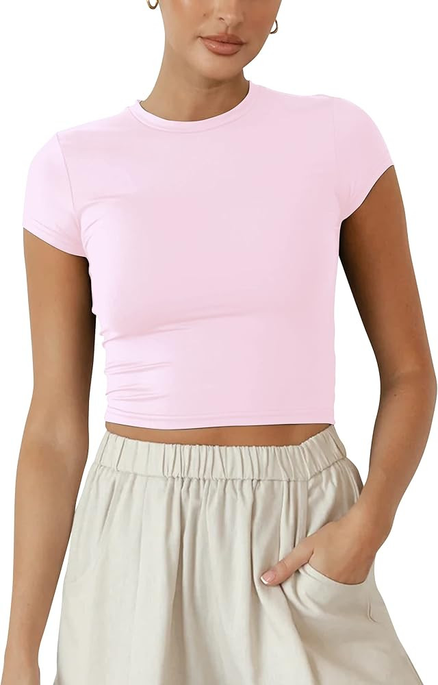 BAIGRAM Women Slim Fit Cap Sleeve Round Neck Crop Tee Top Basic Solid Form Fitting Stretchy Tshir... | Amazon (US)