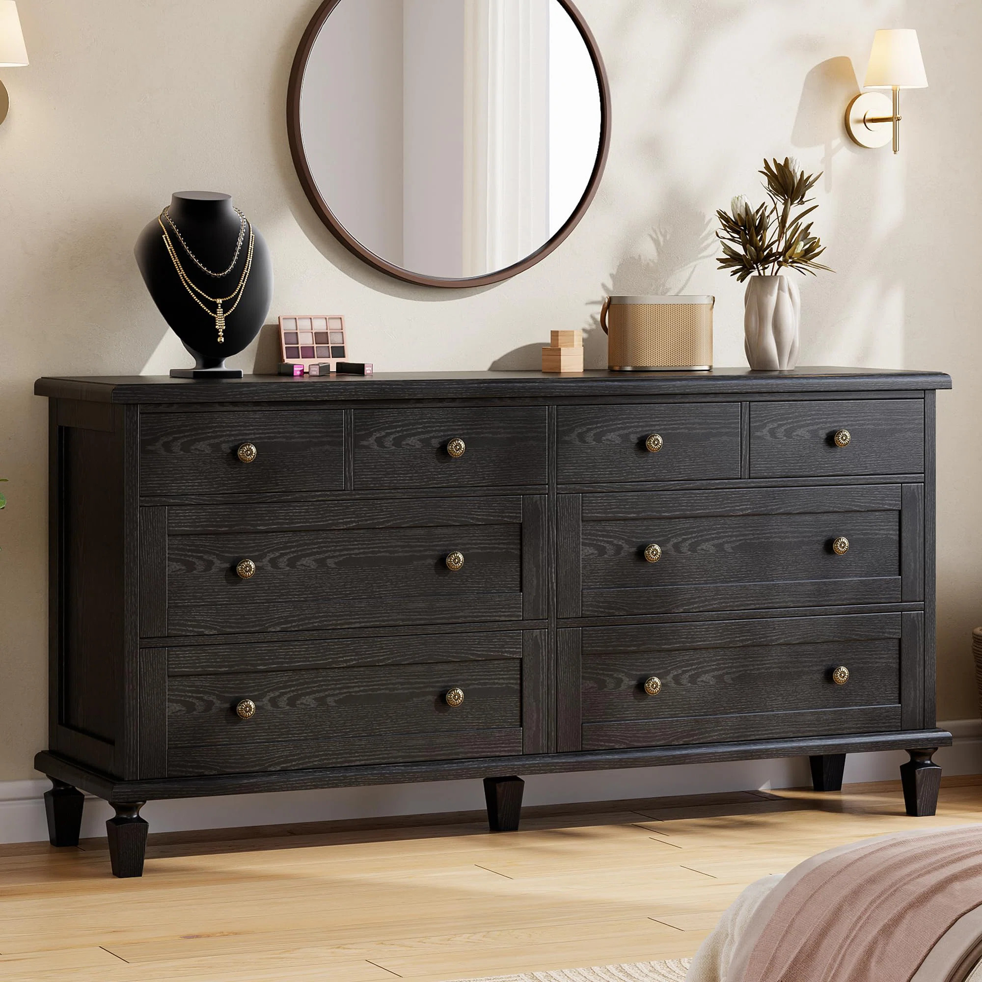 59" Wide Vintage 8 Drawer Wood Dresser with Carved Handles & Tapered Legs for Bedroom | Wayfair North America