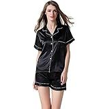NANJUN Women's Satin Pajamas Sleepwear Short Button-Down Pj Set(Black,s0) | Amazon (US)