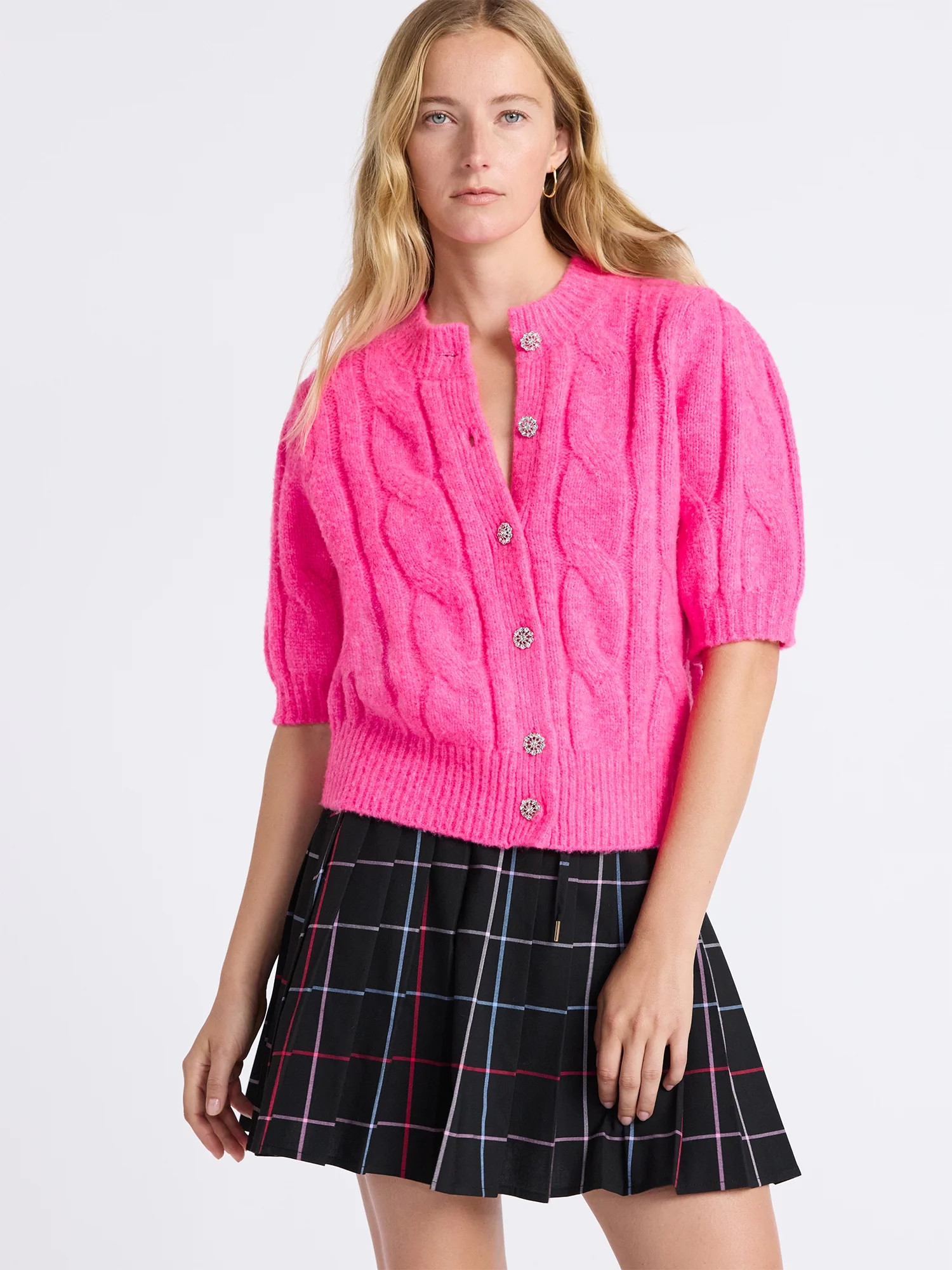 Free Assembly Women's and Women's Plus Cable Cardigan with Short Puff Sleeves, Sizes XS-4X | Walmart (US)