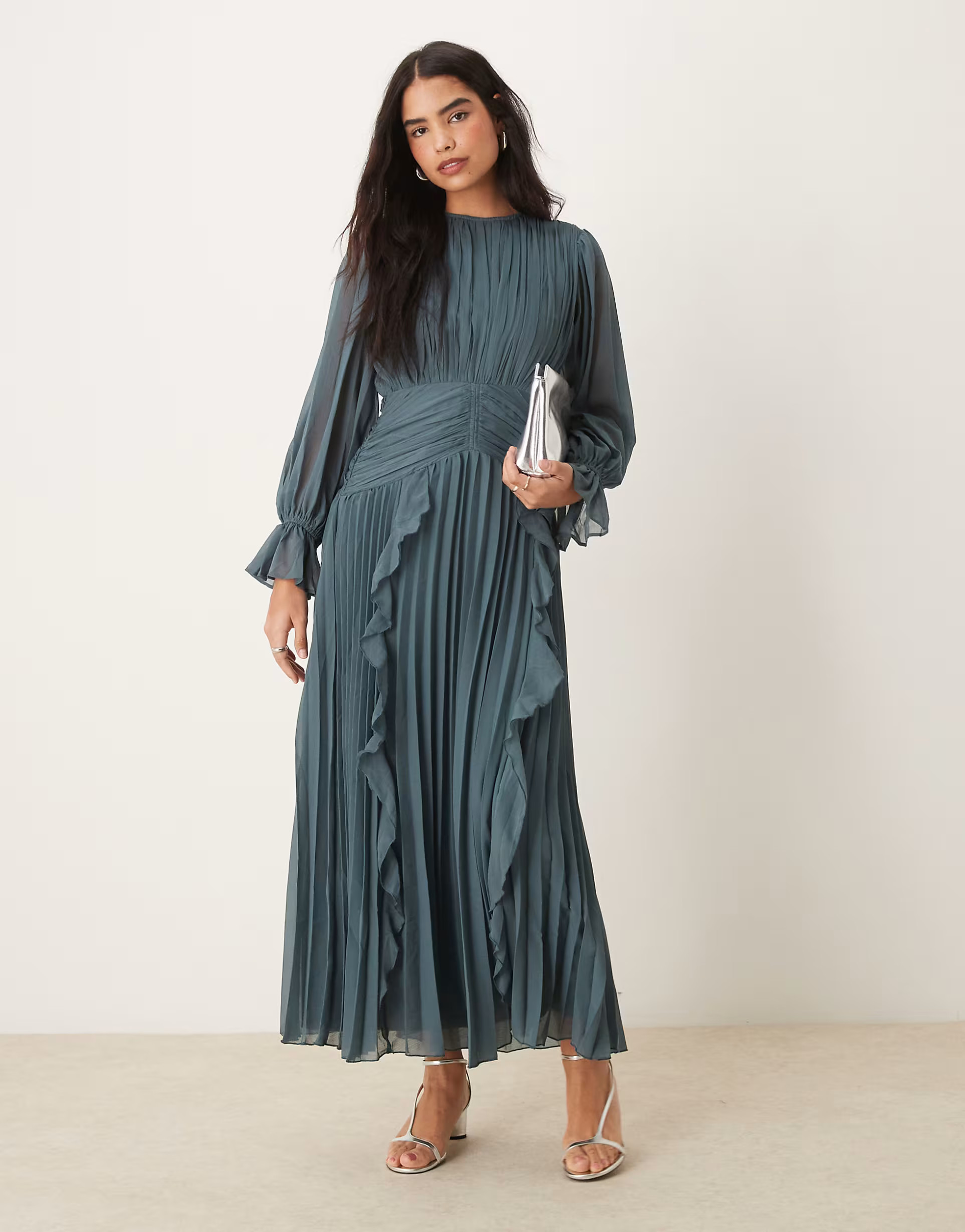 ASOS DESIGN high neck ruched belt detail maxi dress in dark slate | ASOS | ASOS (Global)