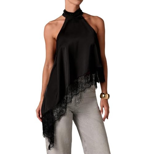 GCZREN Women Y2k Satin Sleeveless Mock Neck Lace Trim Tank Top Elegant Backless Asymmetric Hem Going Out Halter Tops(S,Black) | Amazon (US)