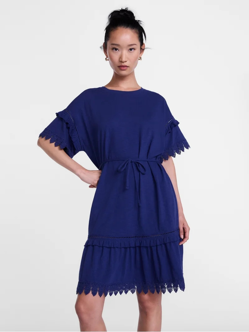 Scenario Women's Lace Trim Knit Dress with Short Sleeves, Sizes XS-XXXL | Walmart (US)