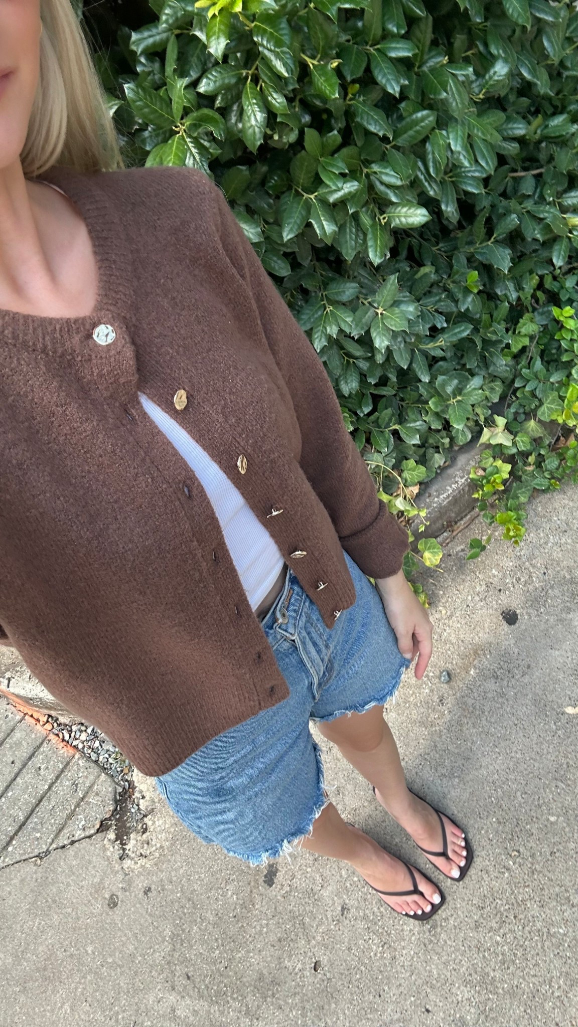 todays ootd! fall transitional outfit. happy first day of september! 🤎 

this brown cardigan from abercrombie is so soft

wearing the medium wash in jean shorts linked

#LTKSeasonal #LTKStyleTip #LTKFindsUnder100