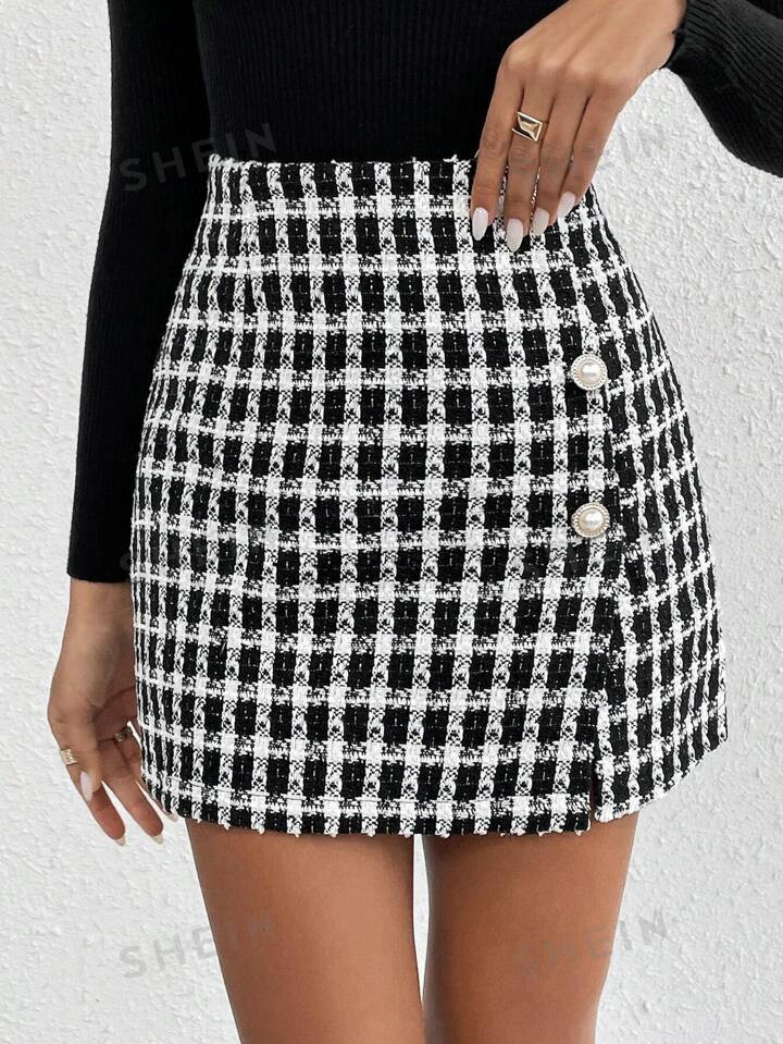 SHEIN Frenchy Plaid Pattern Button Detail Tweed Asymmetrical Botton Skirt | SHEIN