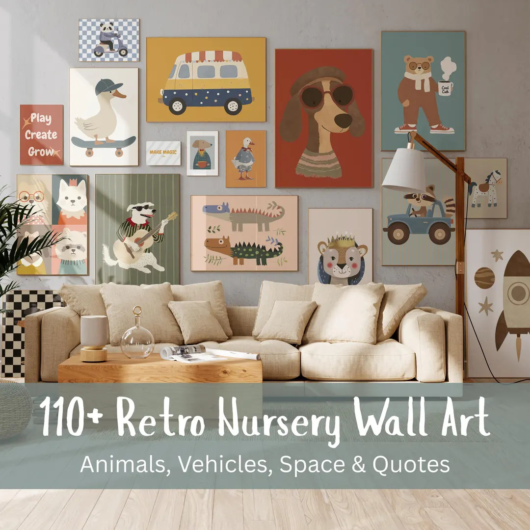 Retro Animal Nursery Prints - Vintage Kids Room Wall Art (digital Download) - Etsy | Etsy (US)