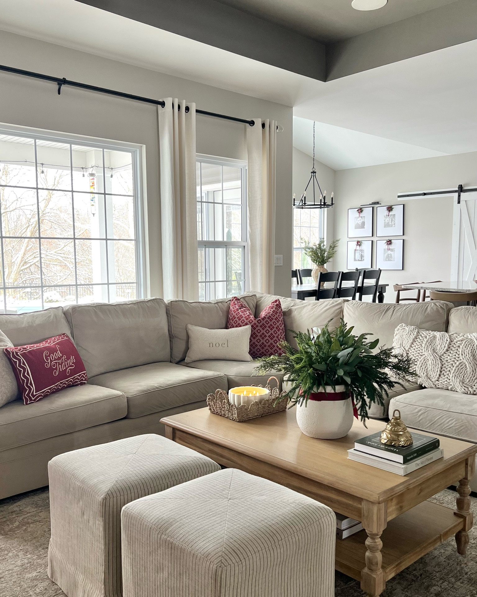 Christmas touches in the living room 

Ottomans / coffee table / scallop baskets / Norfolk stems / eucalyptus stems / holiday pillows / pottery barn sectional / pottery barn / drapes / curtain rod / wall frames / gallery light / loloi / rugs / Target finds 

#LTKFindsUnder100 #LTKHome #LTKHoliday