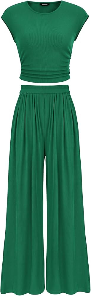 PRETTYGARDEN Women's Summer 2 Piece Outfits 2025 Cap Sleeve Ruched Slim T Shirt Ribbed Knit Wide ... | Amazon (US)