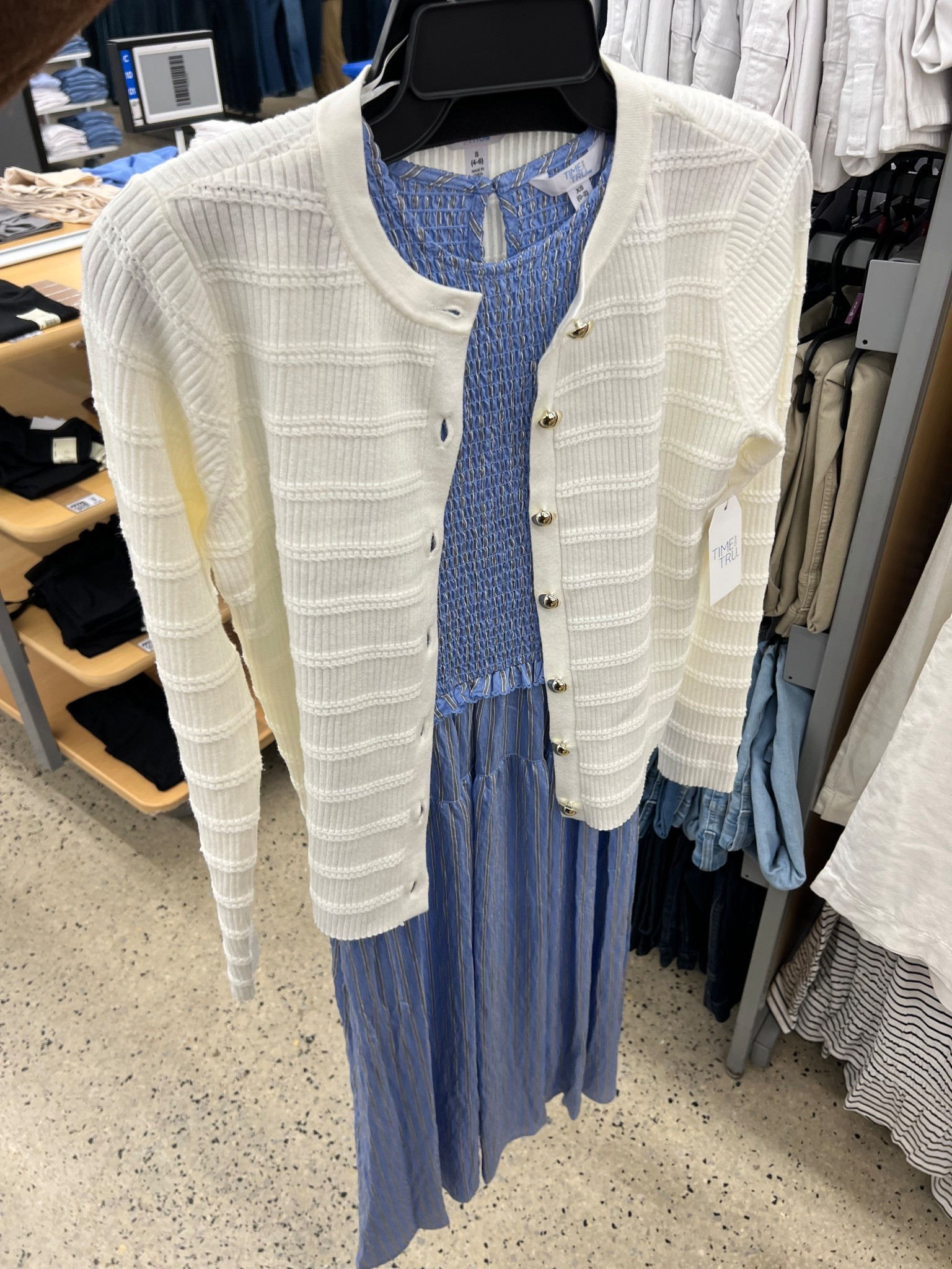 Walmart spring outfit idea with this sleeveless smocked dress and cardigan. #easter dress 