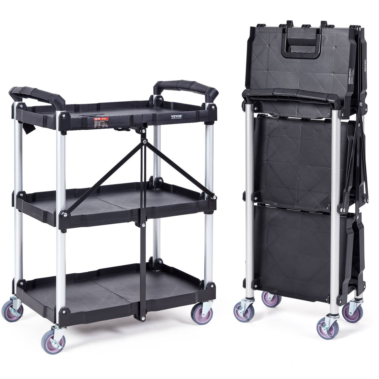 VEVOR - Foldable Utility Service Cart, 3 Shelf 165LBS Heavy Duty Plastic Rolling Cart with Lockable Wheels, Ergonomic Handle - Gray | Best Buy U.S.