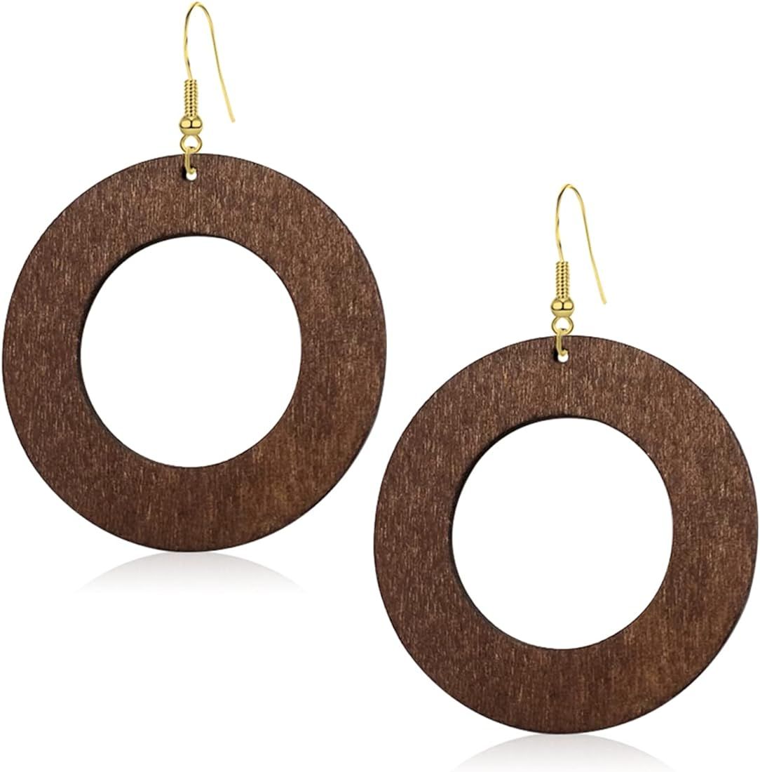 8-9 Pairs Unique Handmade Vintage Bohemian Nature Round Oval Rectangle Wooden Dangle Drop Earrings R | Amazon (US)
